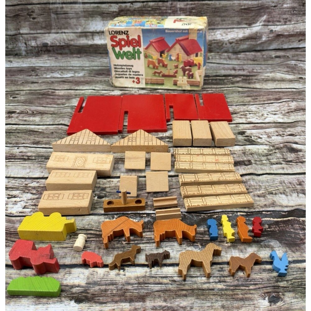 Lorenz Spiel Welt Wood Block Village W/Animals/People, West Germany 40+ Pieces